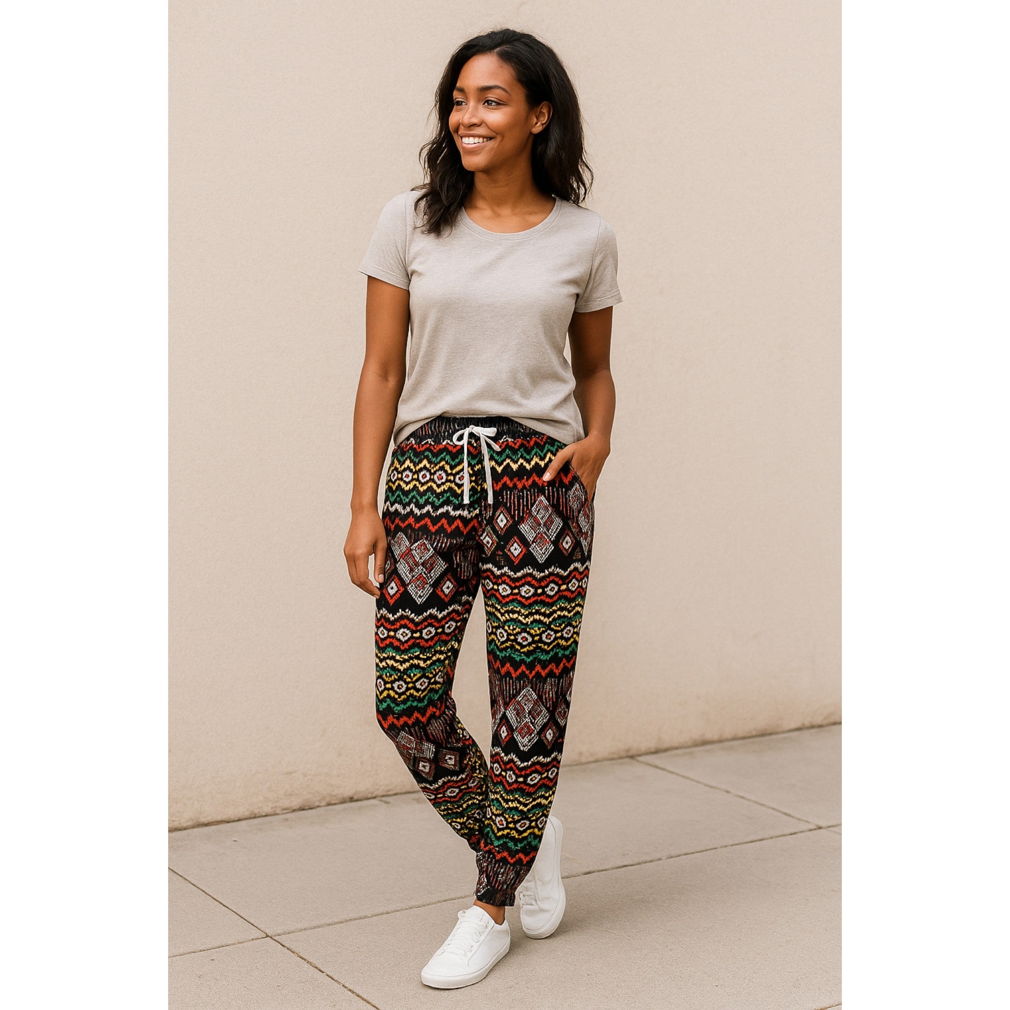 Ladies JDN branded palazzo trousers in black with yellow aztec print and white drawstring waistband